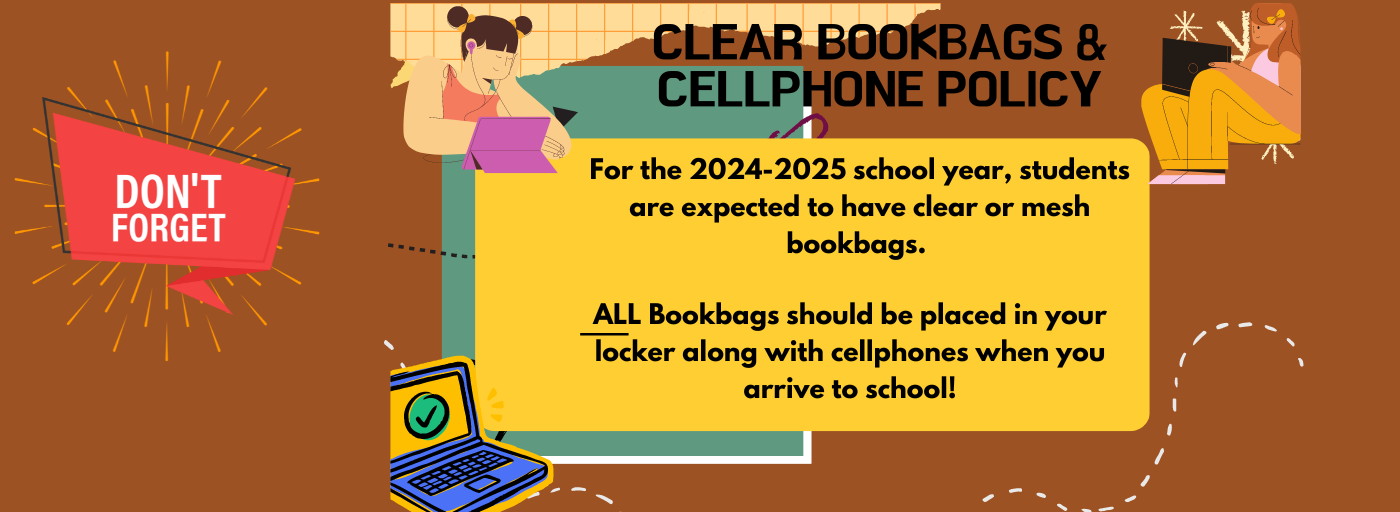 clear book bags only.  leave phone in locker